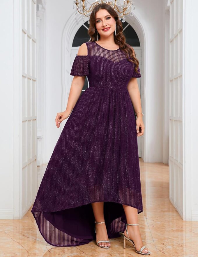 ZOMVA Plus Size Sparkly Mesh Maxi Dress Cold Shoulder Ruffle Sleeve High Low A Line Gown Wedding Guest Cocktail Party – Bild 6