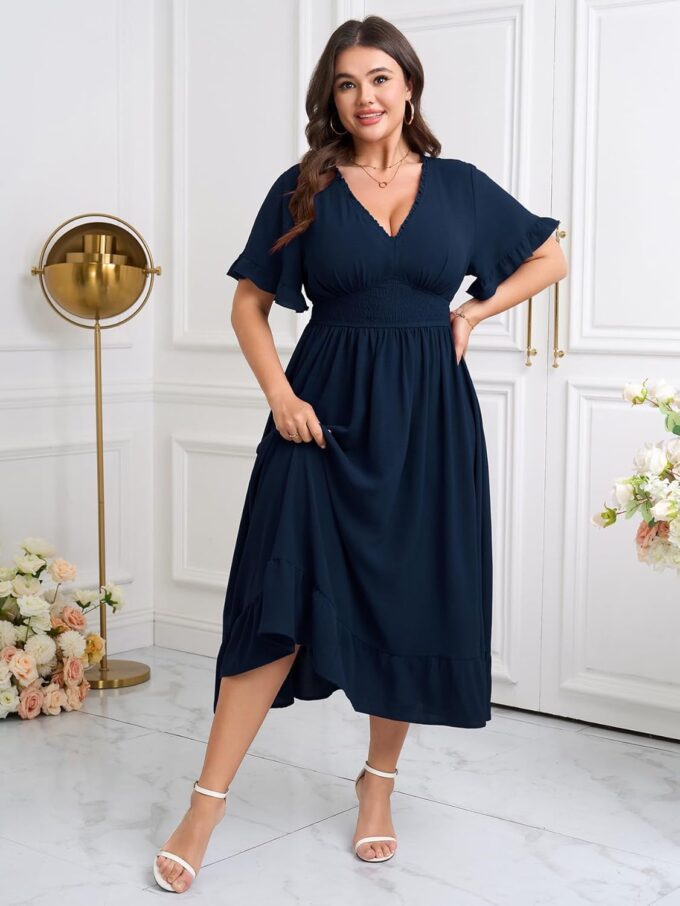 Women Plus Size V Neck Maxi Dress Short Sleeve Smocked Waist Ruffle Hem Flowy Summer Formal Wedding Guest Dresses – Bild 7