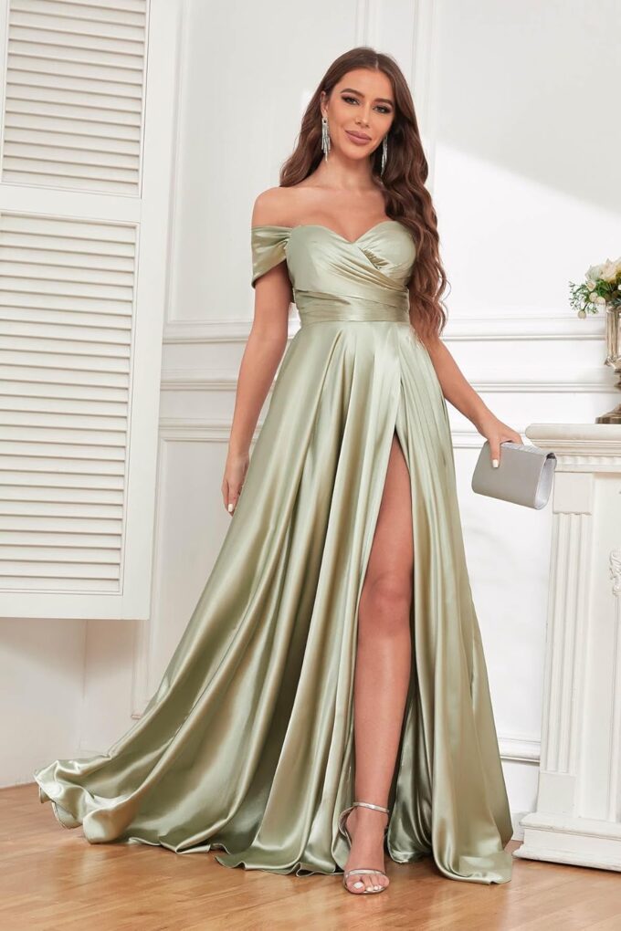 SOLODISH Off The Shoulder Satin Prom Dresses for Women Long Formal Evening Party Dress with Slit – Bild 2