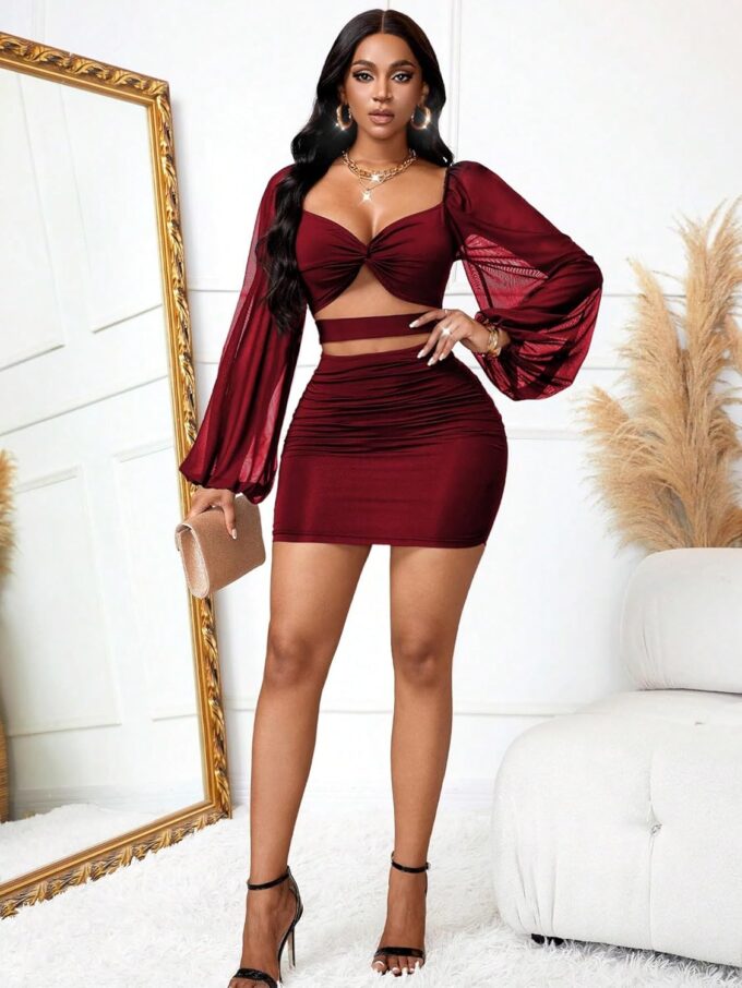 GothDark Womens Sexy Mesh Bodycon Cut Out Puff Sleeve Ruched Party Club Homecoming Mini Dress – Bild 3