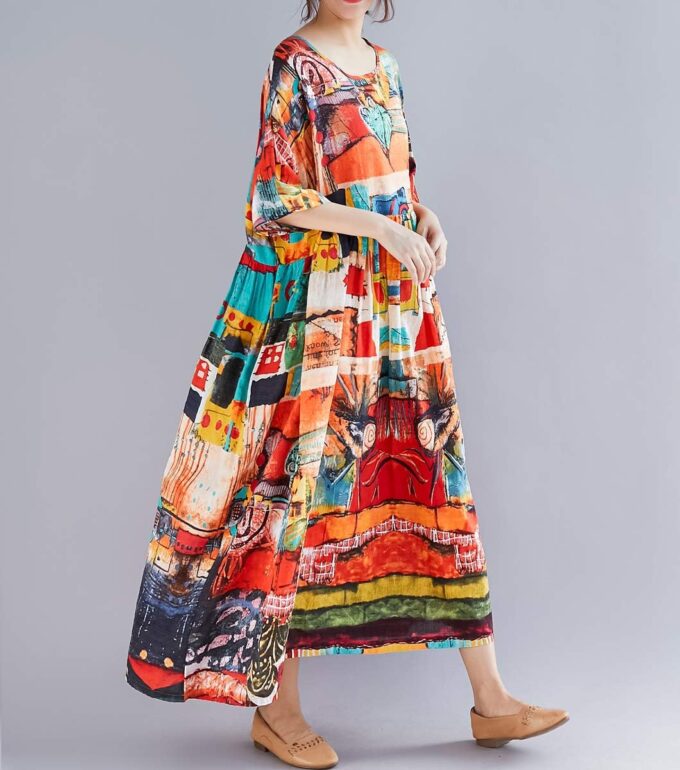 ellazhu Women's Plus Size Boho Maxi Dress with Half Sleeves Scoop Neck Bohemian Print for Summer Beachwear GA1396 A – Bild 4