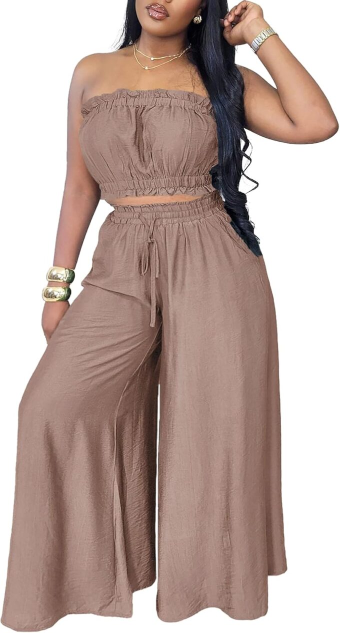 Two Piece Sets for Women Summer Outfits Crop Tops and Wide Leg Pants Sets Sexy Jumpsuits Vacation Outfits with Pockets