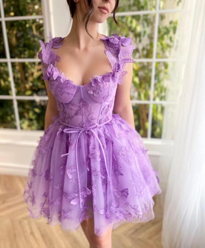KDTM 3D Butterfly Tulle Homecoming Dresses Short Spaghetti Straps Mini Prom Dress Sweetheart Cocktail Party Gowns – Bild 3