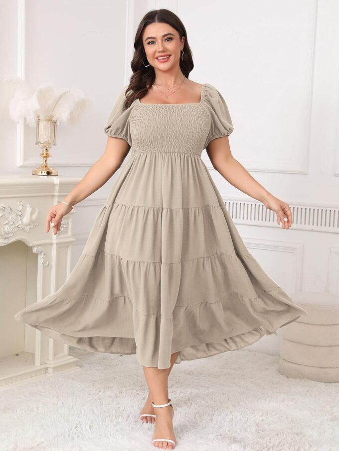 Womens Plus Size Casual Dress Short Puff Sleeve Square Neck Smocked Tiered Summer A Line Flowy Long Maxi Dresses – Bild 4