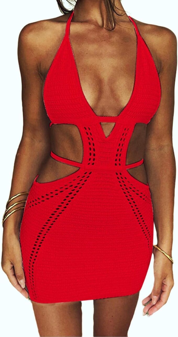 Women's Sexy Halter Hollow Out Knitted Mini Dress Sleeveless Backless Lace Up Bodycon Summer Beach Dress – Bild 2