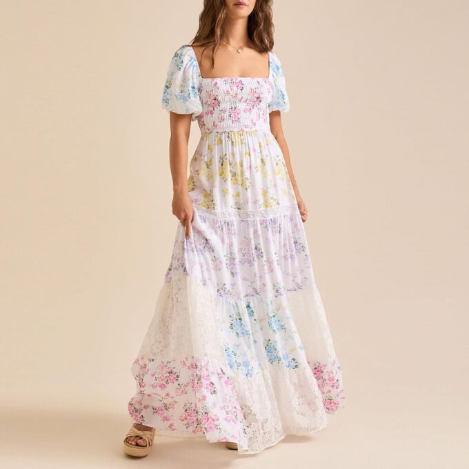 Women Patchwork Dress Y2k Floral Patchwork Maxi Dress Puffy Short Sleeve Square Neck Smocked Tiered Ruffle Sundress – Bild 2