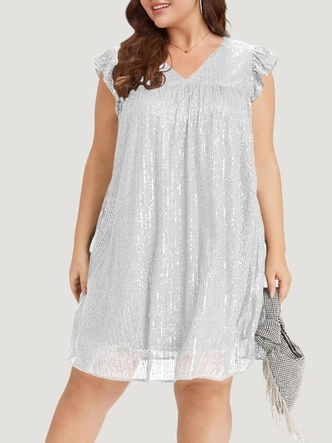 Beautife Women's Sequin Plus Size Mini Dress Ruffle Short Sleeve V Neck Babydoll A Line Glitter Club Party Dresses