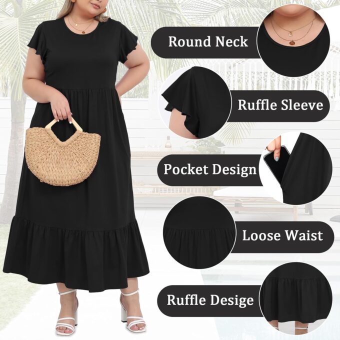 Moon Wood Women's 2025 Plus Size Casual Dress Crew Neck Ruffle Short Sleeve Summer Maxi Dresses with Pockets – Bild 4