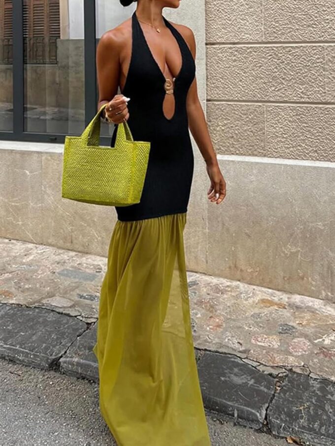 Molisry Women's Patchwork Halter Dress Sexy Sleeveless Hollowed Cut Out Mesh Flowy Slit Maxi Sun Dress Party Club – Bild 4