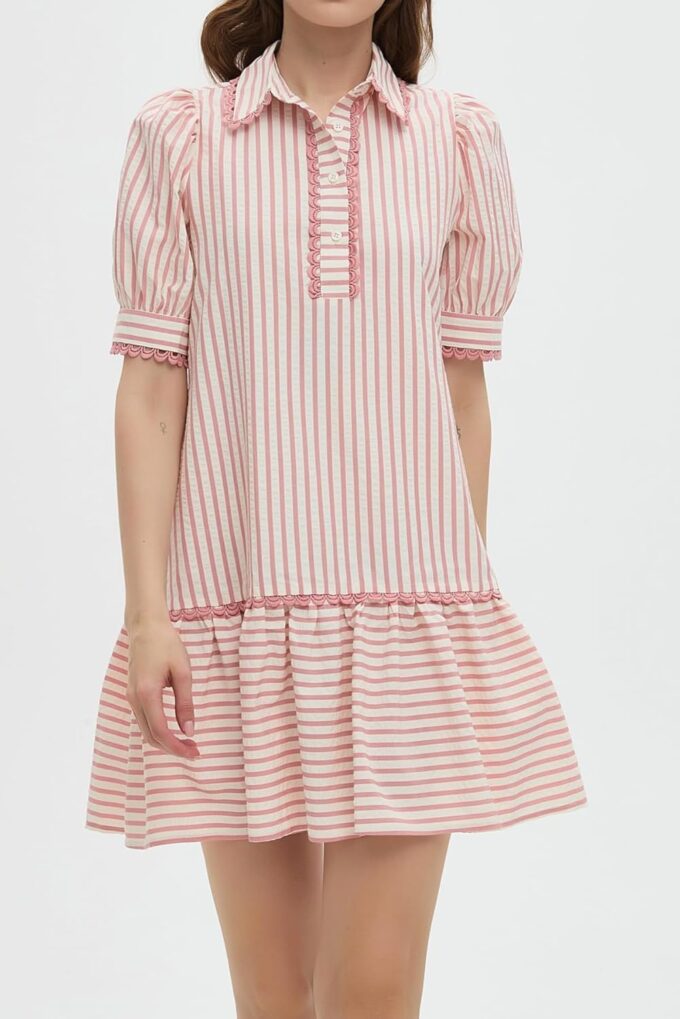 Striped Dress for Women Collared Short Puff Sleeve Ruffle Hem Summer Tunic Flowy Shirt Mini Dress – Bild 2