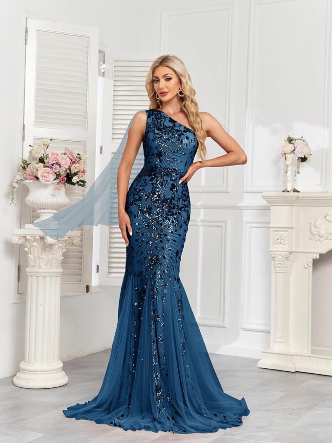 One Shoulder Glitter Mermaid Dress for Mother of The Bride Women's Sexy Sequin Formal Gown – Bild 4