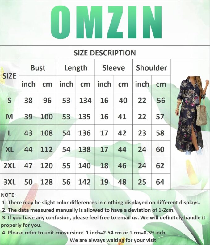 OMZIN Women's Shirts Long Dresses Button Down Vintage Printed Lapel Dress Roll up Long Sleeve Dress – Bild 2