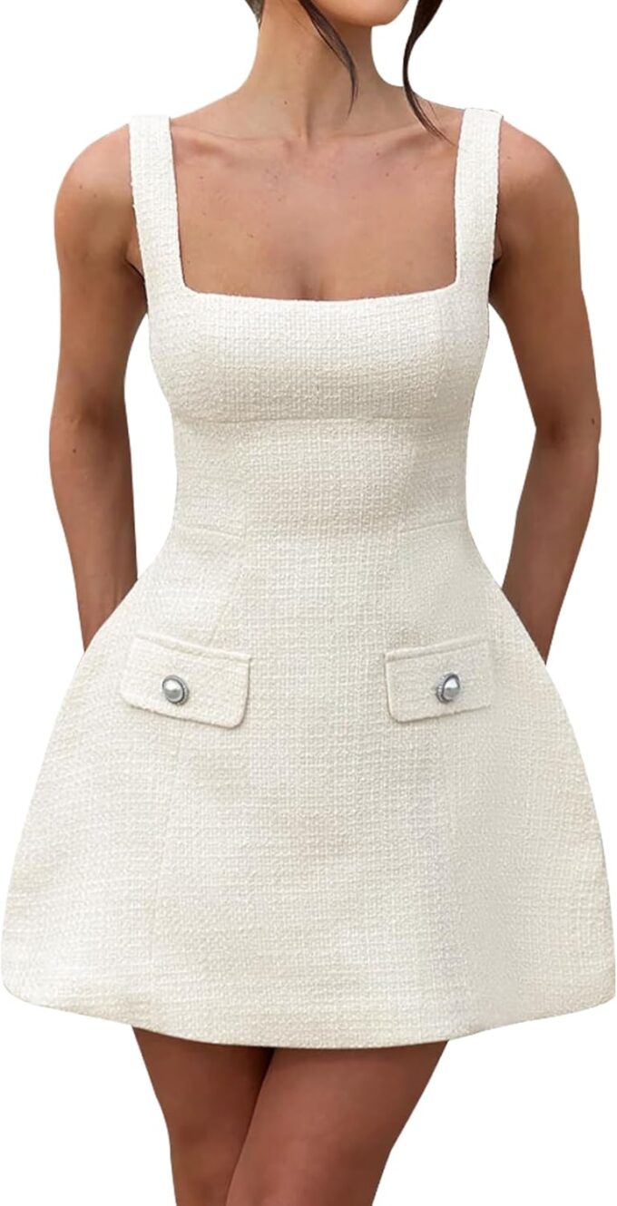 SHESEEWORLD Women's Sleeveless Tank Dress Square Neck Adjustable Straps Backless Mini Dress