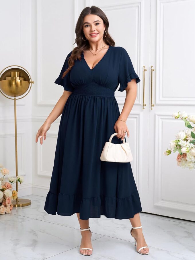 Women Plus Size V Neck Maxi Dress Short Sleeve Smocked Waist Ruffle Hem Flowy Summer Formal Wedding Guest Dresses – Bild 3