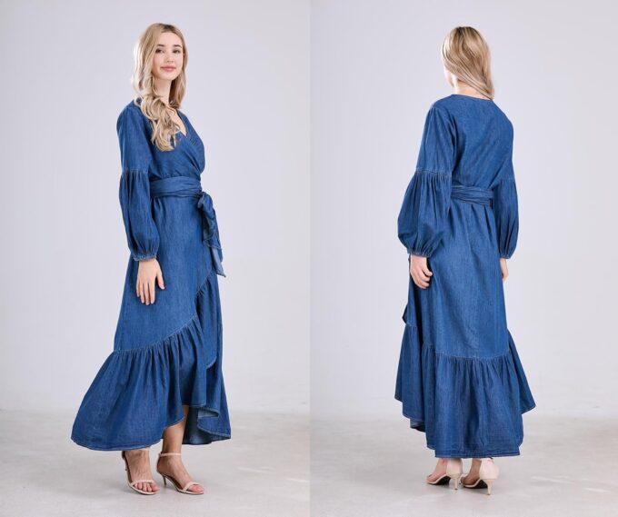 utcoco Womens Casual Belted Long Sleeve Denim Dress Wrapped V-Neck Ruffle Hem Maxi Denim Dresses for Women 2025 – Bild 7