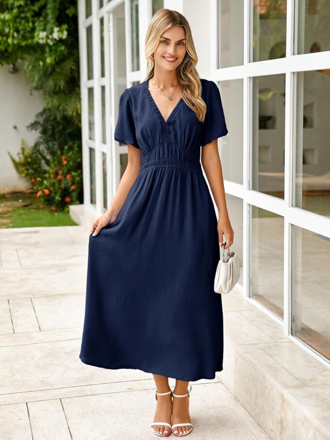 Simplee Women's Summer Flowy Midi Dress Casual V Neck Short Sleeve Empire Waist Boho Beach Dress Wedding Guest Maxi Dress – Bild 2