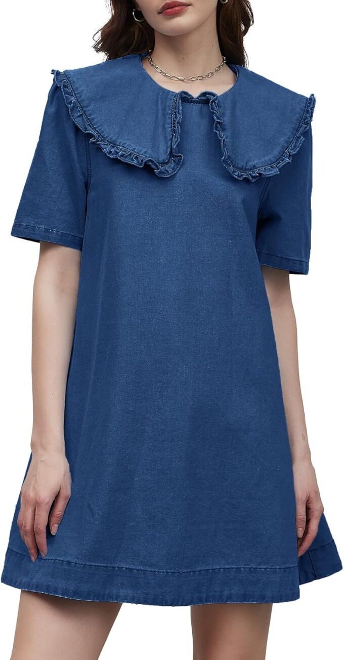 Kedera Womens Denim Mini Dress 2025 Peter Pan Collar Short Sleeve Casual Summer Babydoll Jean Dress with Pockets