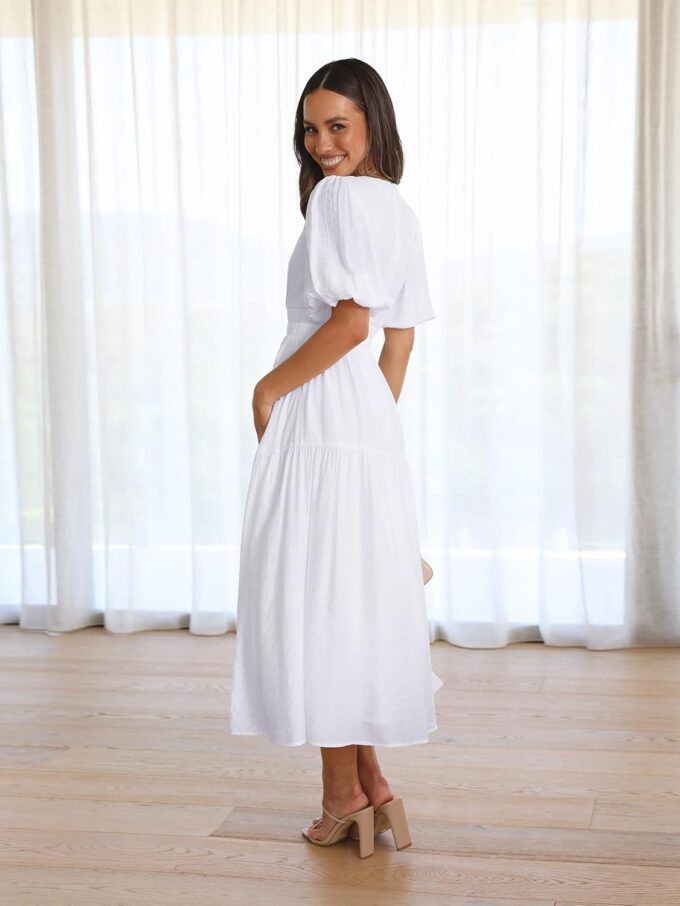 Womens Deep V Neck Puff Short Sleeve Tired Maxi Dress Flowy Swing Long Summer Dresses – Bild 4
