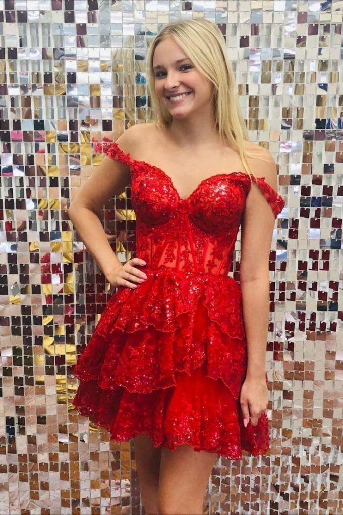 Sparkly Sequin Homecoming Dresses for Teens Off Shoulder Short Prom Dress 2025 Tiered Lace Cocktail Party Gown – Bild 4