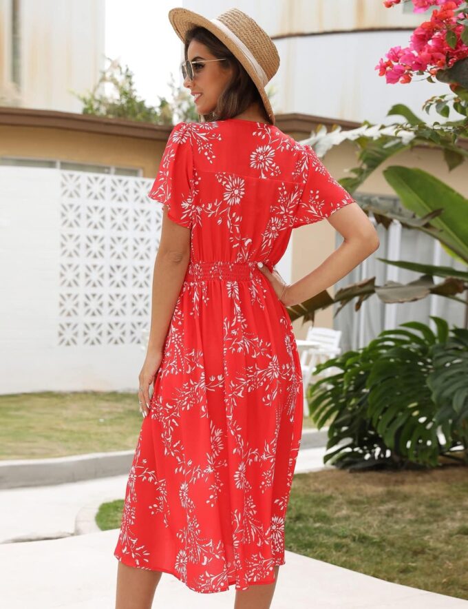 ROYLAMP Women's Floral Button Up Split Dress Deep V Short Bell Sleeve Casual Midi Dress with Pockets – Bild 2