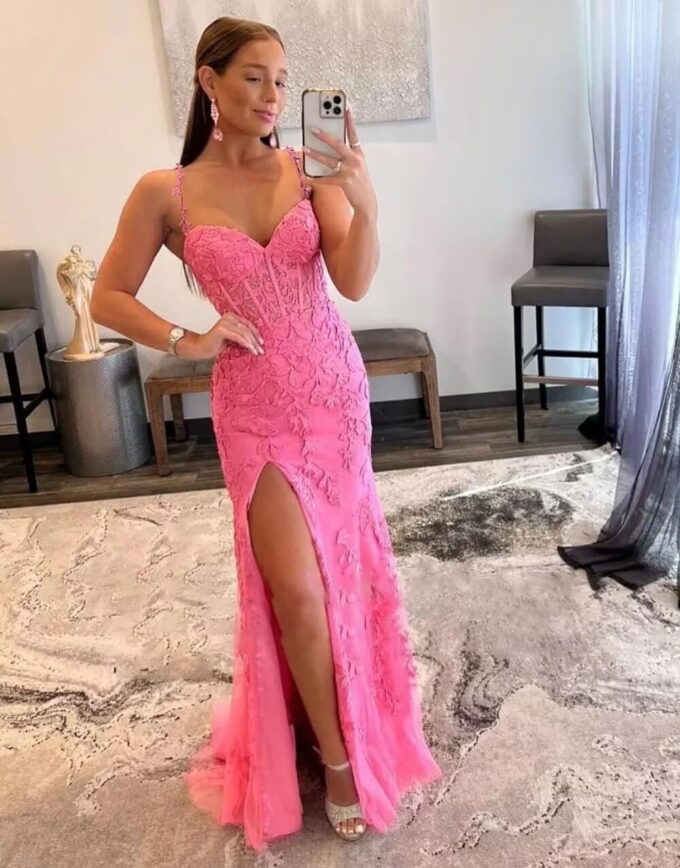 Women's V Neck Lace Appliques Tulle Long Prom Dresses with Slit Spaghetti Straps Corset Formal Evening Dress – Bild 4