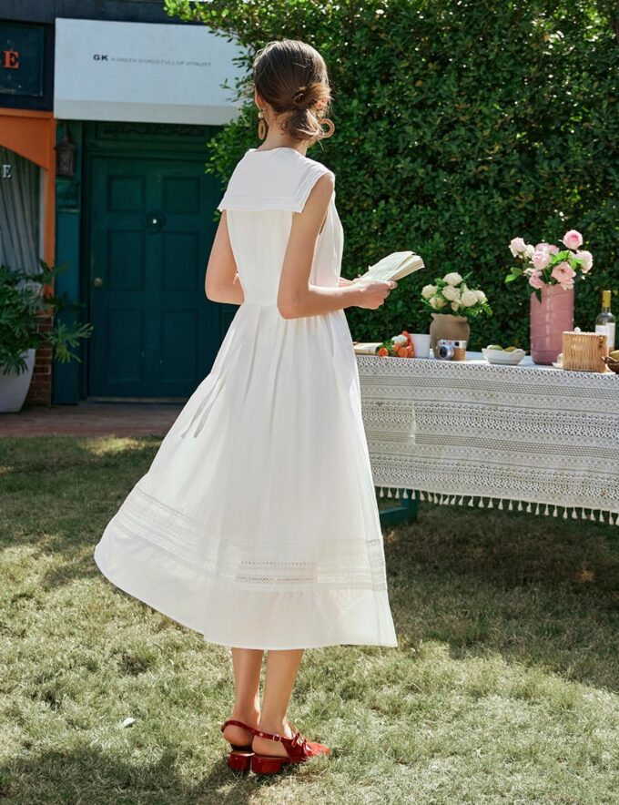 Women's White Cotton Boho Embroidered Eyelet Midi Dress, Sailor Collar Sleeveless Summer Casual Beach Vacation Dress – Bild 3