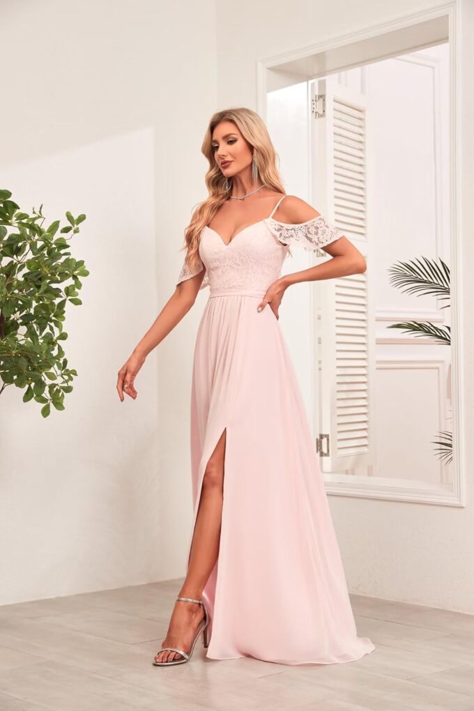 Women’s Ruffle Sleeve Bridesmaid Dresses with Pockets Pleated Chiffon Floor Length Formal Evening Gowns for Wedding. – Bild 4