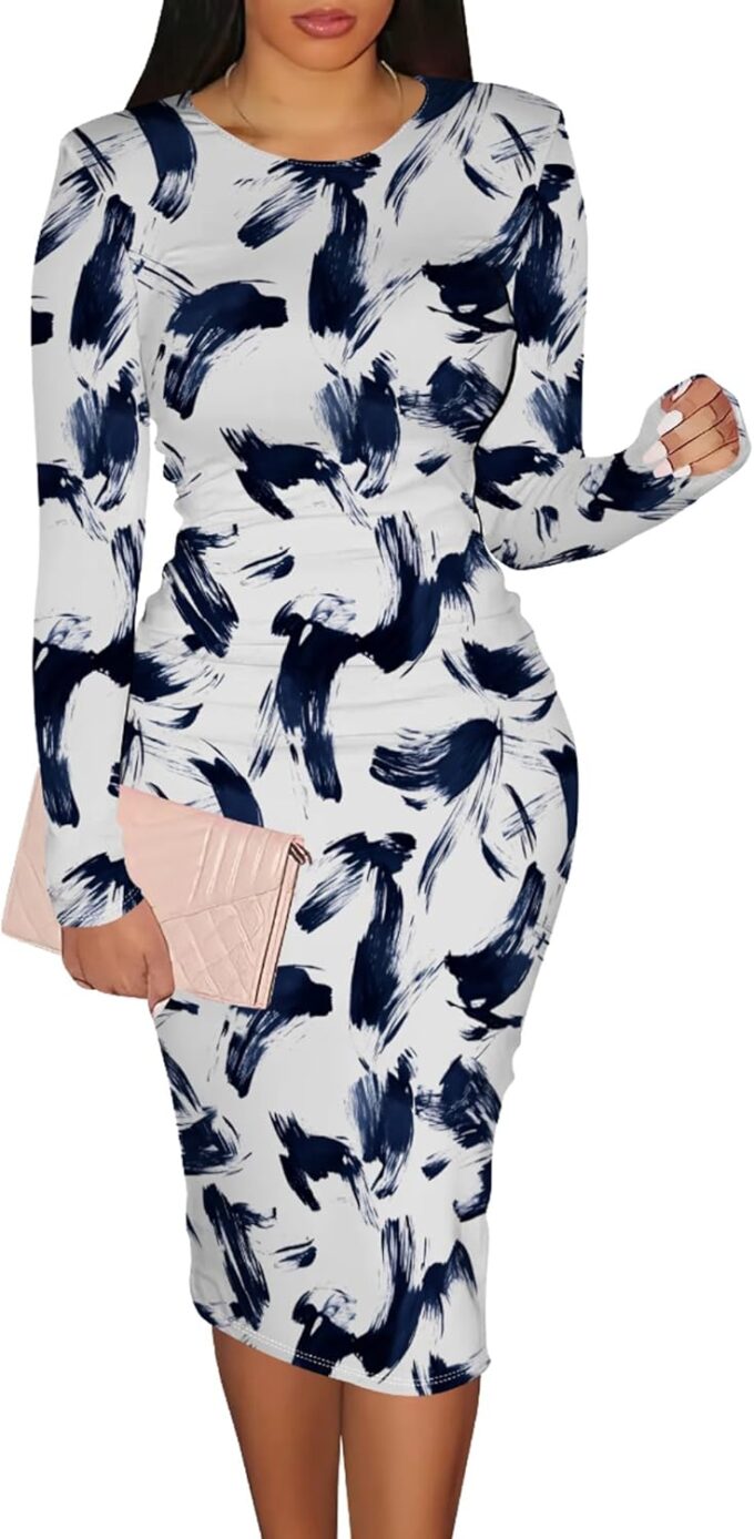 PinkPatty Women's Long Sleeve Midi Dress Sexy Bodycon Pencil Dress Crew Neck Cocktail Dresses