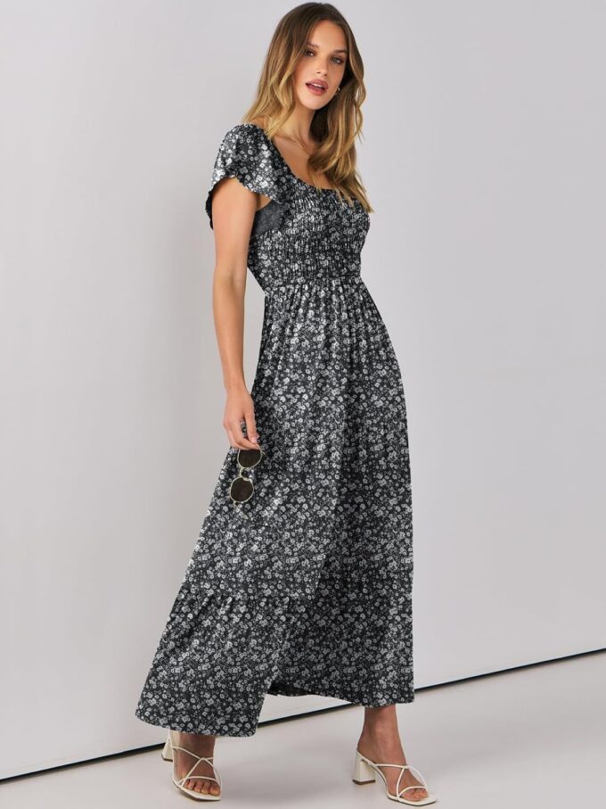ANRABESS Women’s Casual Summer Maxi Dress Flutter Short Sleeve Scoop Neck Smocked A Line Flowy Beach Vacation Long Dresses – Bild 3