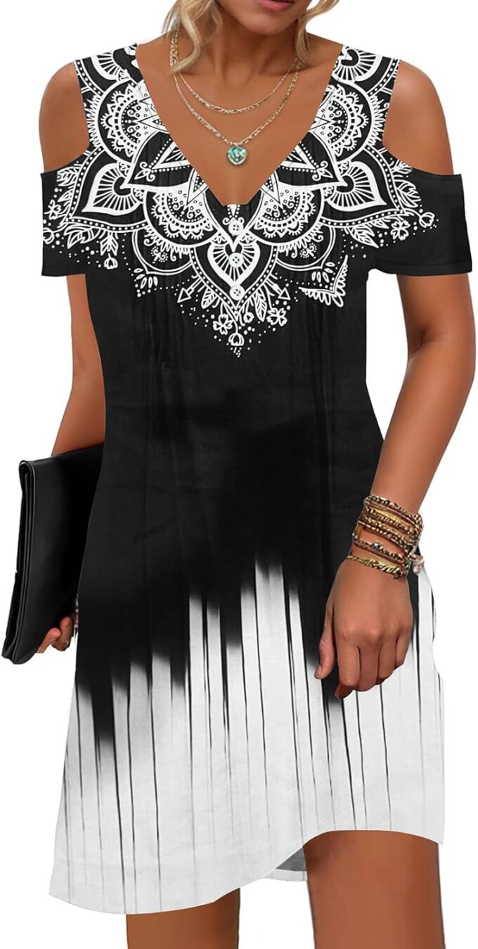 SAUKOLE Women’s Summer Dresses Casual Cold Shoulder Sleeve Dress V Neck Pleated Front Sundress with Button