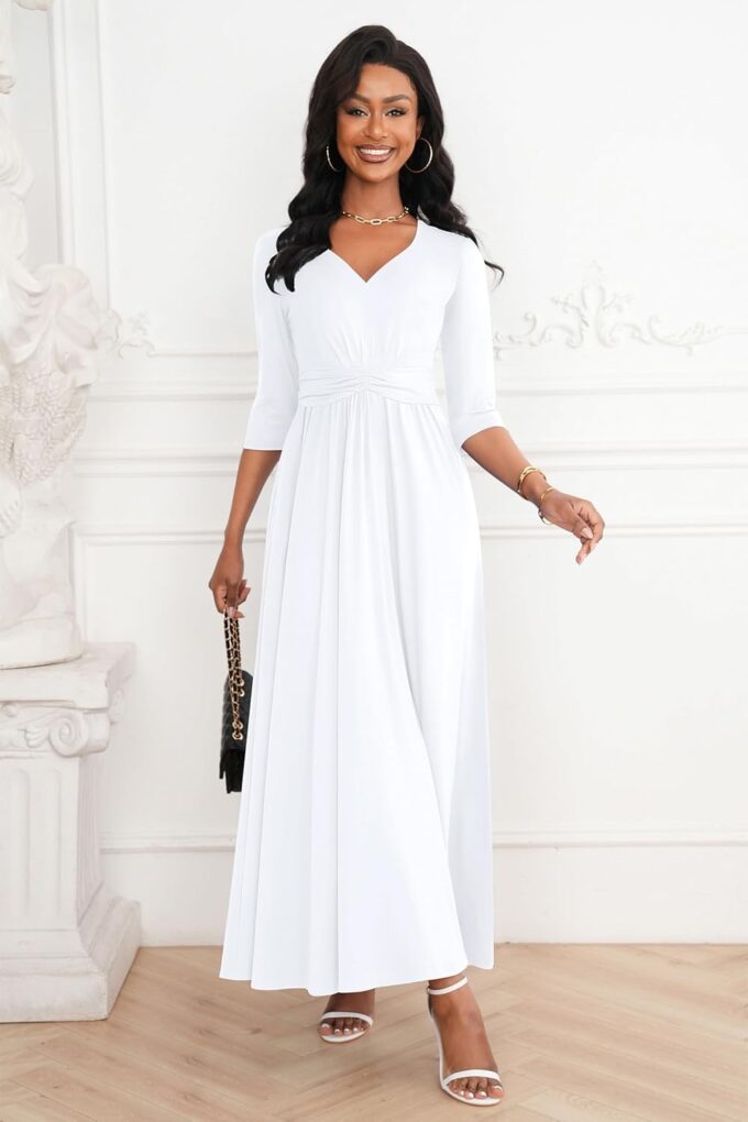 FANDEE Casual Maxi Dress for Women Summer Wtih Pockets 3/4 Sleeve V Neck Elastic High Waist Elegant Pleated A-Line Dresses – Bild 3
