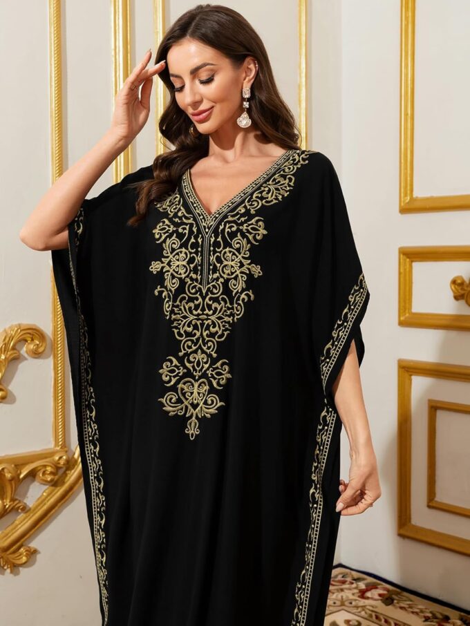 Abaowedding Black Kaftan Maxi Dress for Women – Gold Embroidery, V-Neck, and Side Slit Design – Bild 5
