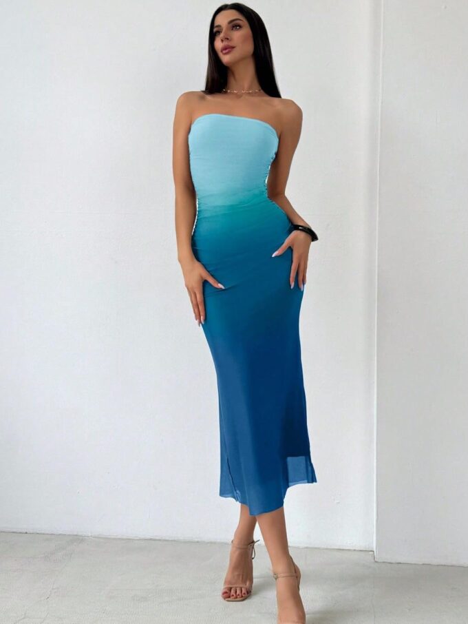 Women's Summer Dress Ombre Strapless Tube Gradient Bodycon Long Side Slit Mesh Layered – Bild 5