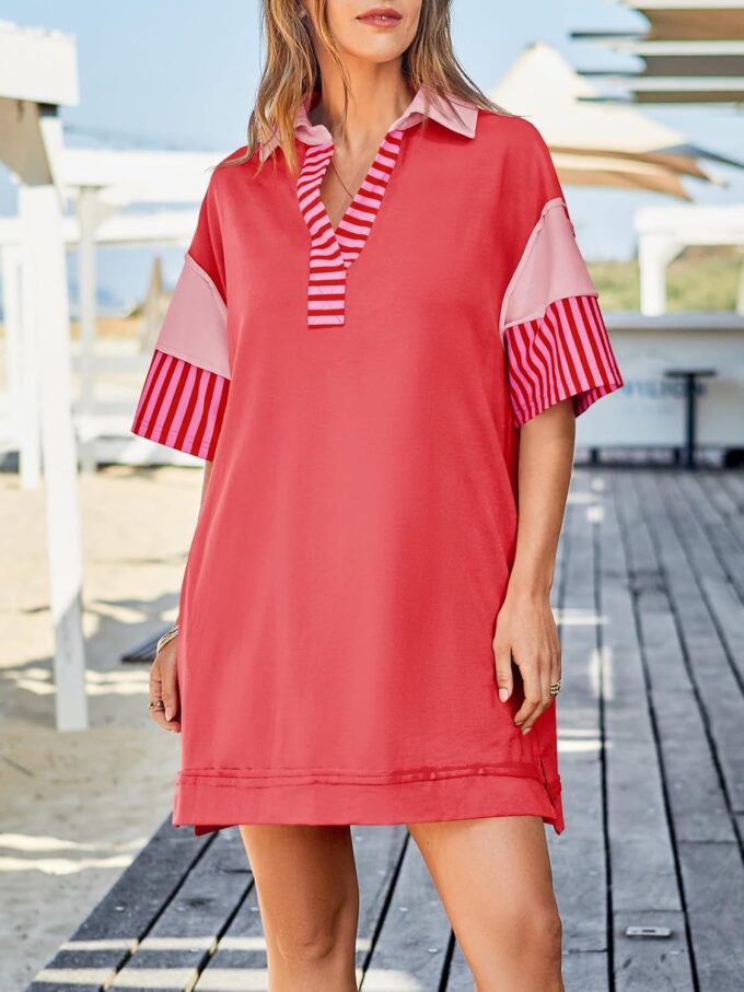 Wenrine Women's Polo V Neck T Shirt Dress Casual Summer Oversized Color Block Short Sleeve Sweatshirt Mini Dresses – Bild 2