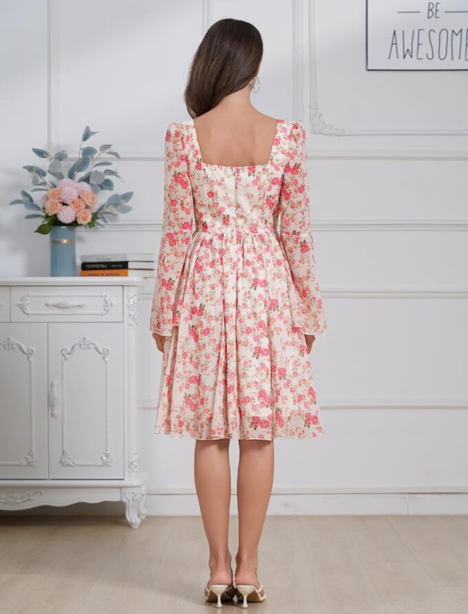 Fall Wedding Guest Dresses for Women Floral Chiffon Dresses Long Bell Sleeve Square Neck Short Ruffle Dress – Bild 5