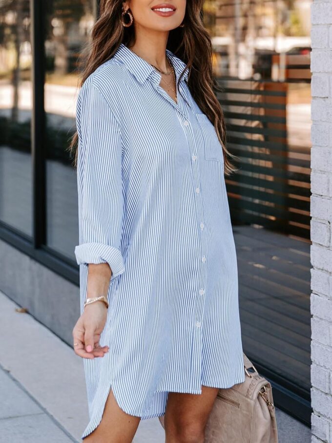 Womens Button Down Shirt Dresses with Pockets Cotton Striped Shirts Collared Tunics Long Sleeve High Low Blouse Tops – Bild 2