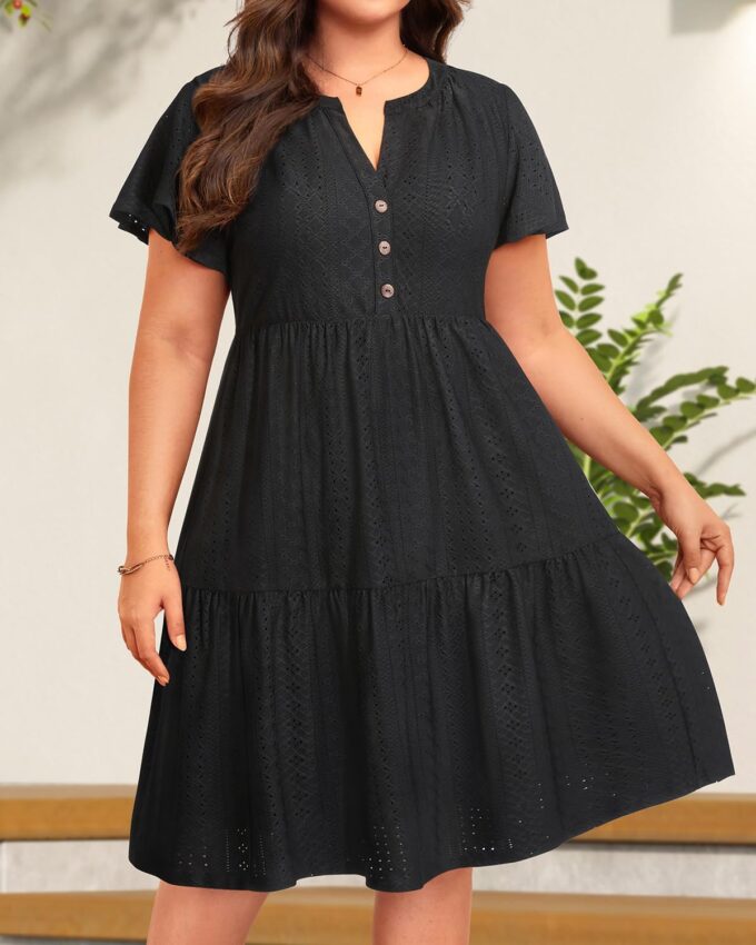 Plus Size Summer Dress - Casual Sundress Beach Short Sleeve V Neck Tiered Button Up Boho Midi Flowy Sun Dresses Women – Bild 2