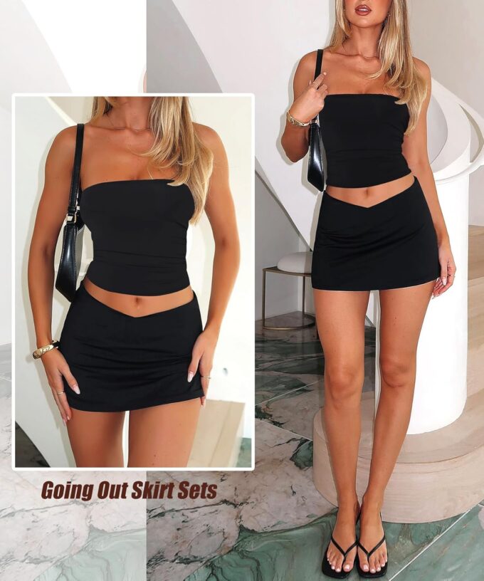 Women Two Piece Mini Skirt Set Y2k Going Out Sets Tube Top and Crossover Bodycon Mini Skirt – Bild 2