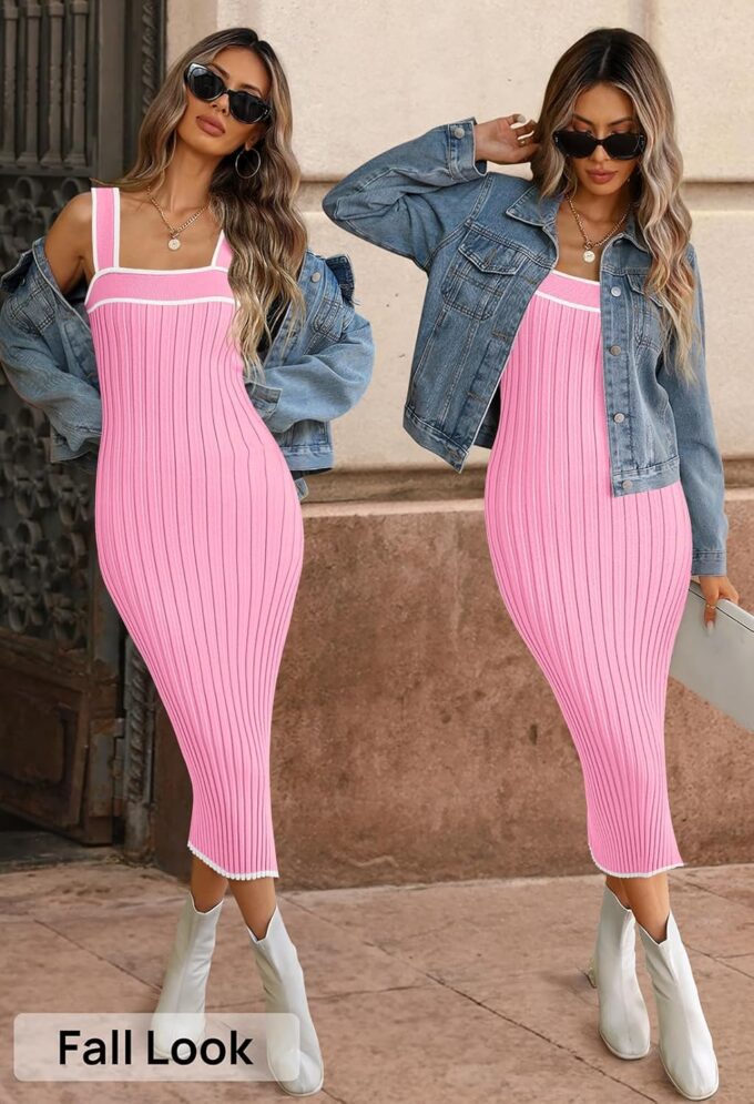MEROKEETY Women's 2025 Summer Bodycon Midi Dress Vacation Sleeveless Ribbed Knit Striped Sweater Dresses – Bild 2