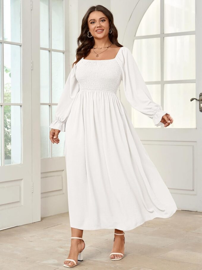 Women's Plus Size Maxi Dress Long Sleeve Square Neck Smocked Flowy A-Line Boho Wedding Party Maxi Dress – Bild 2