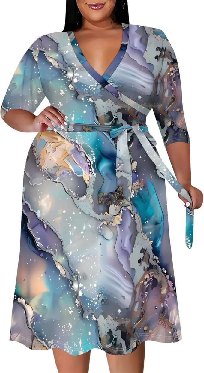 Women's Plus Size Maxi Dress Print 3/4 Sleeves V Neck Party Sundress Wedding Guest Dresses