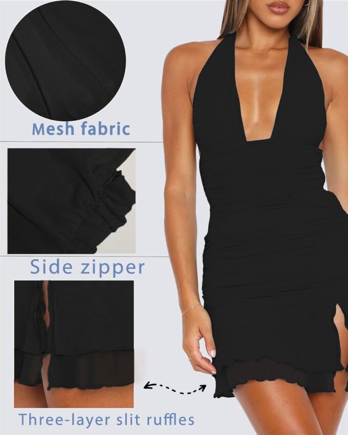 Women's Summer Halter Dresses Sexy V Neck Backless Side Slit Ruched Waist Ruffle Cocktail Party Mesh Bodycon Mini Dress – Bild 2