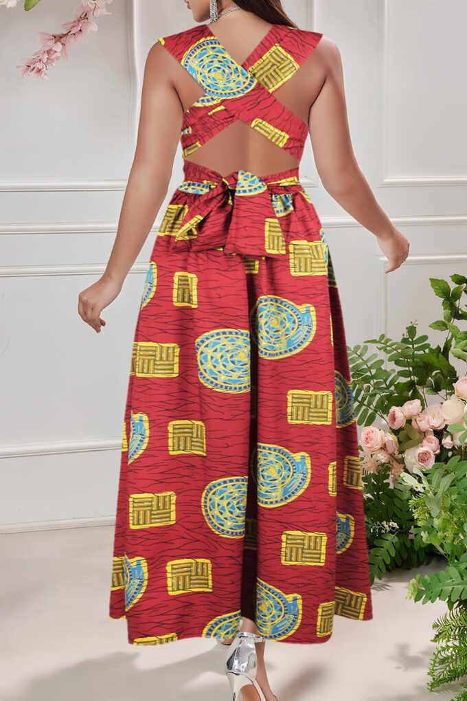 Giovacker Women's African Print Deep V-Neck High Waist Bohemian Maxi Long Dress – Bild 7