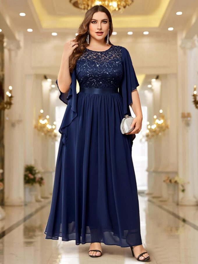 Miusol Women's Plus Size Sequin Lace with Ruffle Cape Cloak Sleeves Elegant Evening Wedding Party Maxi Dress – Bild 4