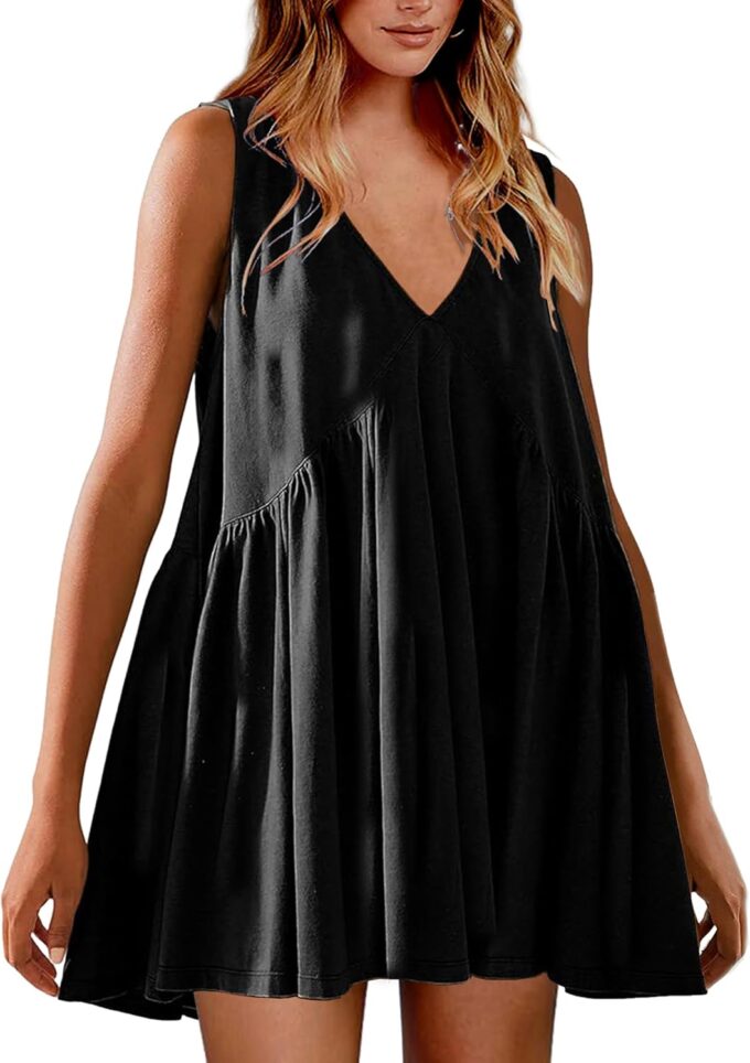 Womens Babydoll Dress Summer Sleeveless Mini Dress Casual Loose V Neck Swing Flowy Beach Sundresses with Pockets