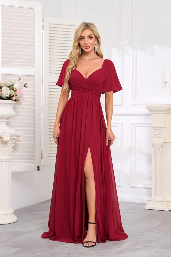 Women's Flutter Sleeves Chiffon Bridesmaid Dresses with Slit Long A Line V-Neck Formal Party Dress with Pockets – Bild 7