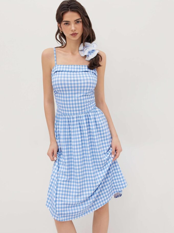 CIDER Women's Summer Gingham Midi Dress Sleeveless Ruched Plaid Dress Spaghetti Strap Dresses Casual Trendy – Bild 3