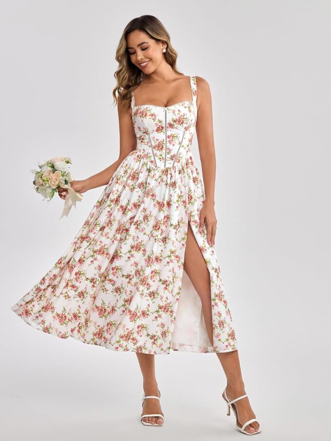 KUTUMAI Floral Corset Midi Dress Flowy Slit Summer Spring Wedding Guest Dresses for Women Sundress with Pockets – Bild 5