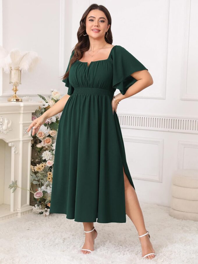 Women Plus Size Dress Wedding Guest Formal Ruffle Short Sleeve Square Neck Smocked Flowy A Line Slit Maxi Dresses – Bild 4