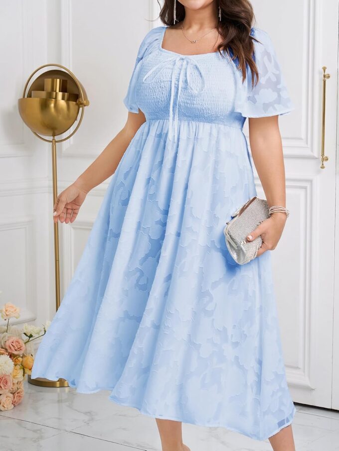 SCOMCHIC Women's Plus Size Formal Dresses Square Neck Short Sleeve Lace Floral Smocked Flowy Long Maxi Wedding Guest Dress – Bild 6